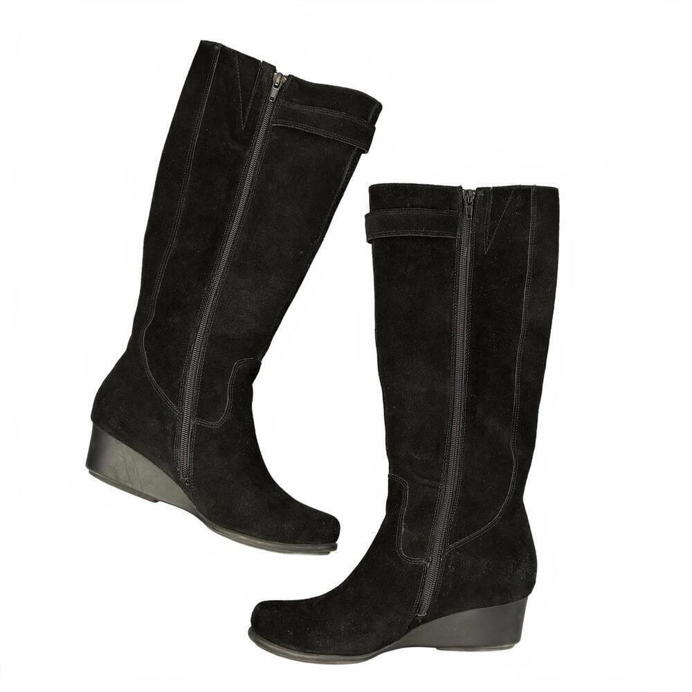 Laura Landsdale Black Suede Women's Knee-High Boots Wedge Heel 7M - Picture 2 of 9